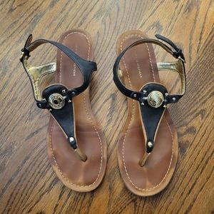 Tommy Hilfiger 8 Black Leather Sandals with Gold Details